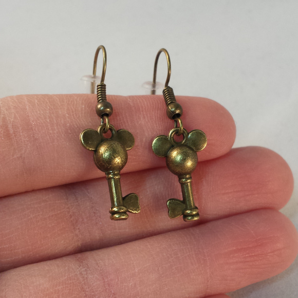 Bronze Plated Mickey Mouse Heart Key Dangle Earrings Party Gift - Picture 2 of 2